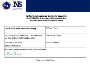 SFSP Annual Training Certificate